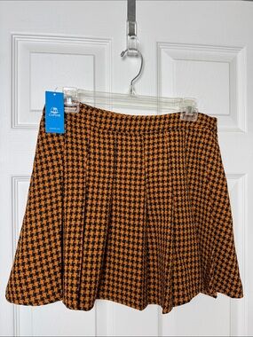 NWT CUPSHE Orange & Black Houndstooth Skater Skirt w/shorts under skirt - Size L